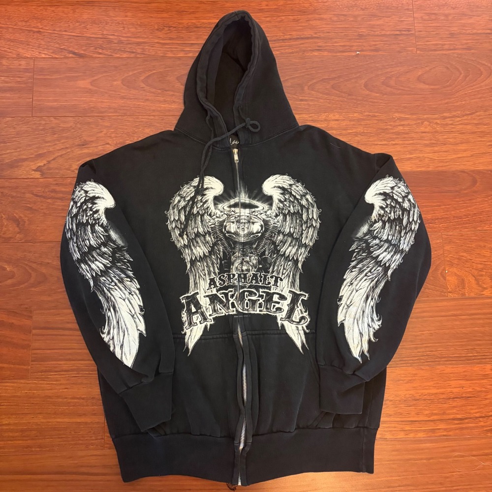 Asphalt Angel Motorcycle Biker Wings Full Zip Hoodie Y2K Faded Black Jon Lauren